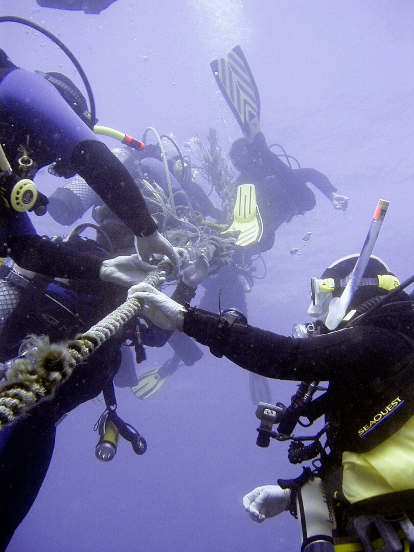 A group of scuba divers in the ocean holding hands.