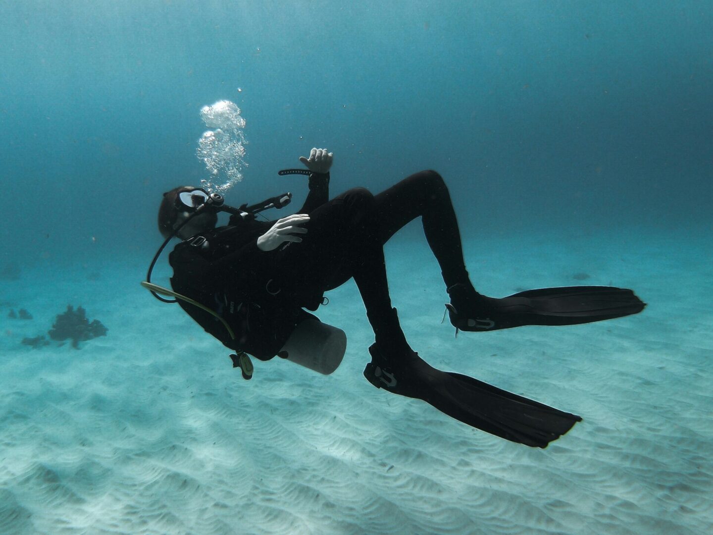 A scuba diver is in the water with his hands on his knees.